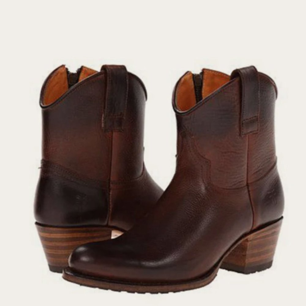 Frye Deborah Lug Short Cognac/Brown Leather PullOn Tab Southern Cowboy AnkleBoot - Picture 2 of 2